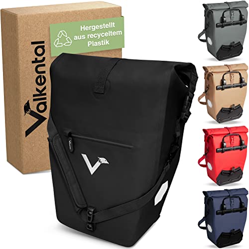 Valkental - 2in1 Fahrradtasche aus recyceltem Plastik - 100% Wasserdicht - Viele praktische Fächer - 23-28L Flexibles Volumen mit Laptopfach - Gepäckträgertasche in Schwarz