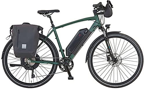 Prophete Entdecker eT300 Trekking E-Bike 28' | Diamantrahmen mit Fahrradtaschen | Damen/Herren/Elektrofahrrad| AEG Hinterradmotor | olivgrün